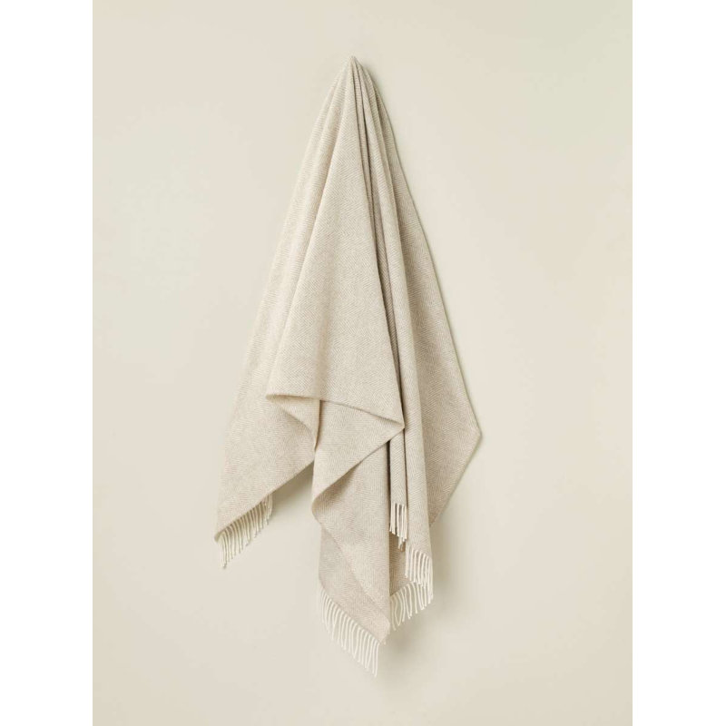 Merino Lambswool Throw/Blankets Hand Woven Blanket, Beige Herringbone