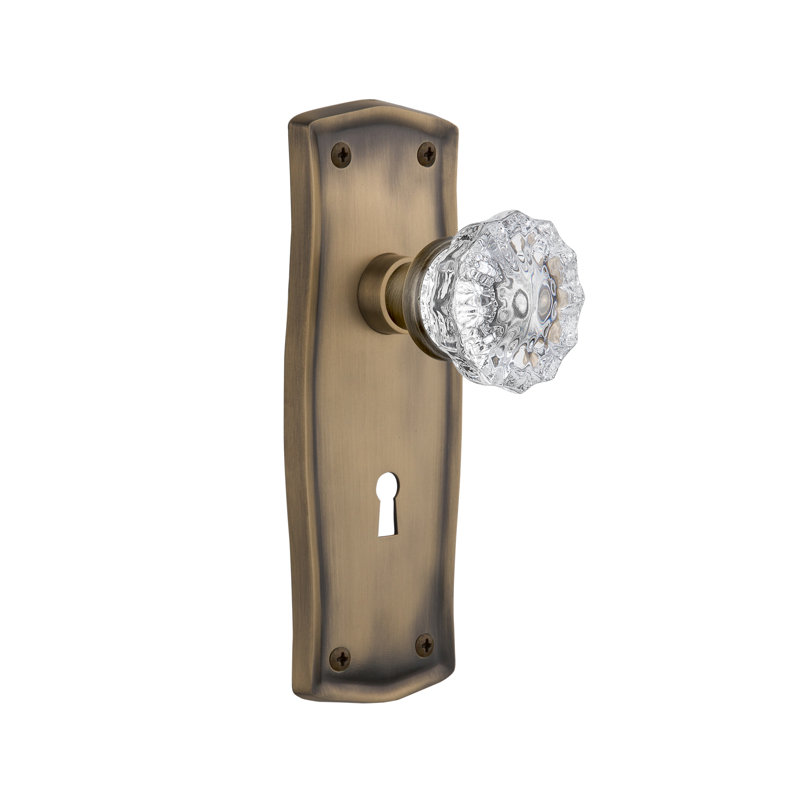 Prairie Plate with Decorative Keyhole and Crystal Door Knob, Antique Brass, 2-3/4”