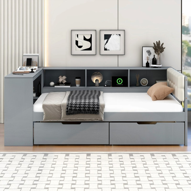 Lit plateforme simple en bois avec rangement, station de charge et amp; Tête de lit tapissier (aucun sommier requis, robuste)