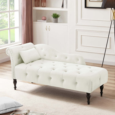 Elegant Velvet Chaise In White With Fascinating Nailhead Trim, Solid Wood Legs, Buttons & Pillow - Elevates Your Style Lounge Captivating Pillow, Buttons, Trim Legs Enhances Room Appeal