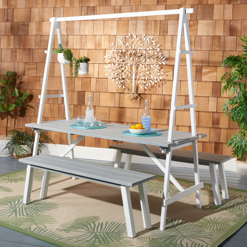 Sylmar 6 - Person Acacia Solid Wood Patio Dining Set Rectangular Table, Ash Gray/White