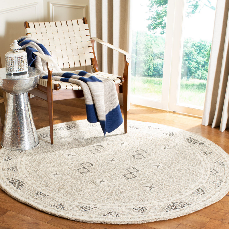 Tapis gris / ivoire en laine / coton touffeté à la main Devlin, Rond 3 pi