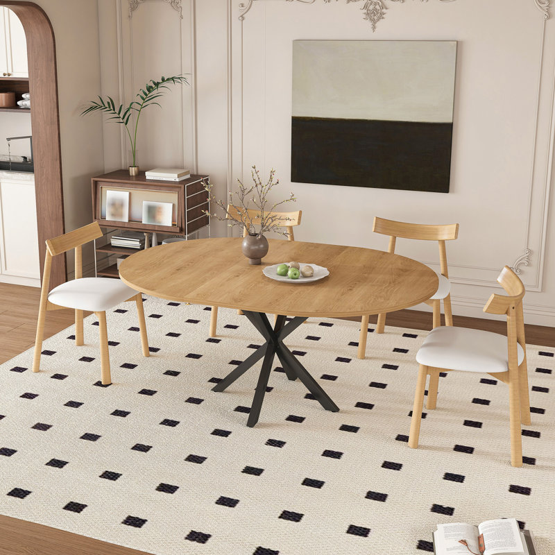 Table de salle à manger extensible ronde pour 2 à 6 personnes, table extensible de 43 à 58 po avec base en acier au carbone et 4 chaises en bois massif, mobilier de salle à manger moderne peu encombrant