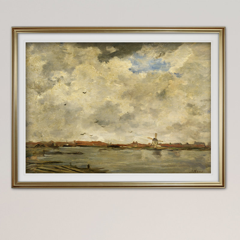 « moulin à vent et maisons », impression, Cadre doré, H 31 po x l 43 po x P 1,5 po