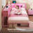Pink Twin Xl L-Shaped Corner Bed Frame, Metal Platform Daybed With Storage Drawers, Bookcase Headboard, Led Lights & Charging Station, Space Saving Bed For Girls Kids Teens-848765341-848765282