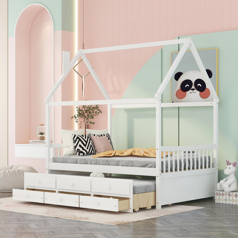 Arhonda 3 Drawers Wood House Bed With Twin Trundle, White, Twin