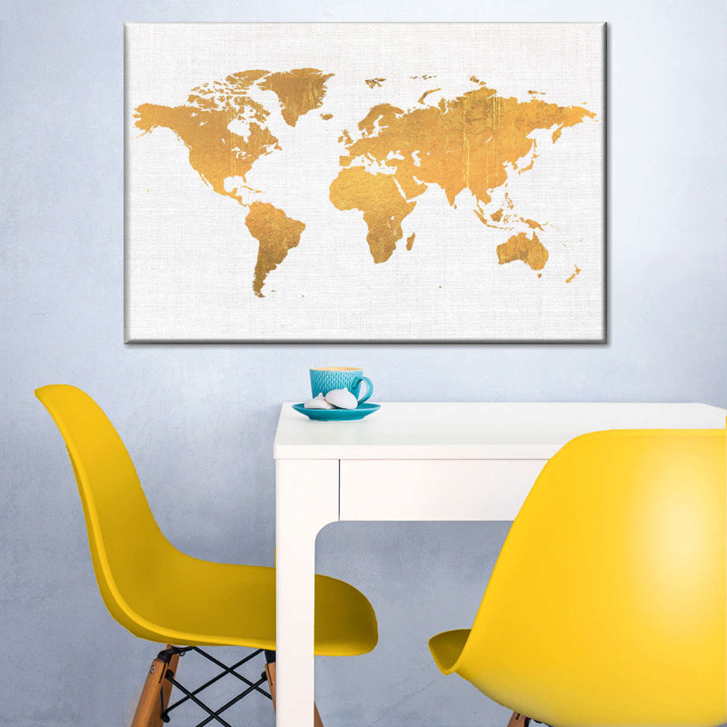 «Light Gold World Map», reproduction sur toile tendue, H 8 po x l 12 po x P 1 po