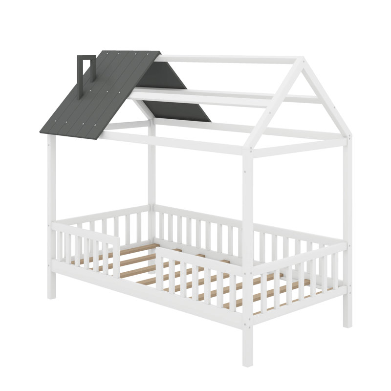 Lit simple en bois avec clôture, Blanc / Gris
