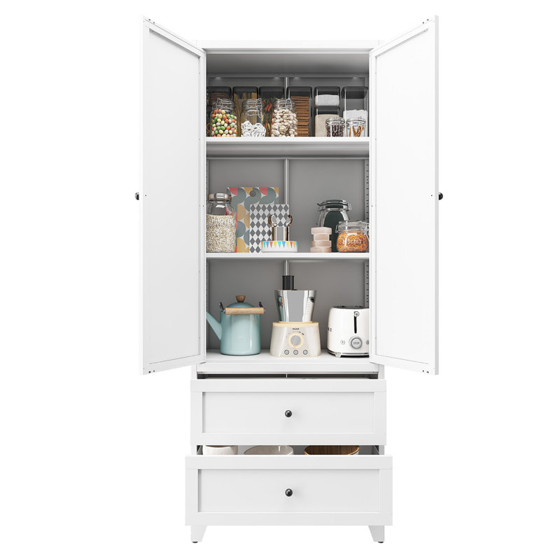Armoire garde-manger blanche 72 po avec 2 tiroirs, armoire de rangement autoportante avec tablettes réglables, rangement robuste pour épices, vaisselle, petits électroménagers de cuisine, garde-manger, salle à manger