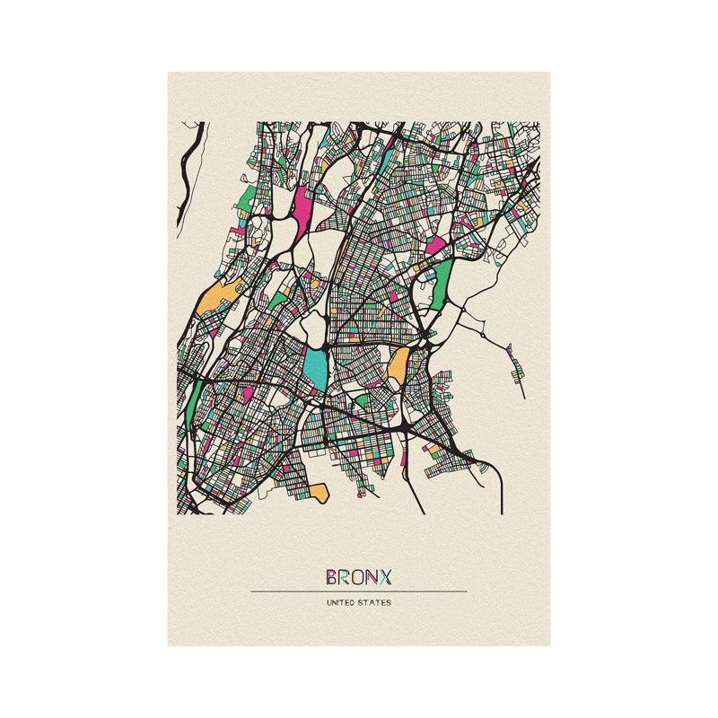«Bronx, New York Map» par Ayse Deniz Akerman - impression sur toile tendue, H 18 po x l 12 po x 1,5 po