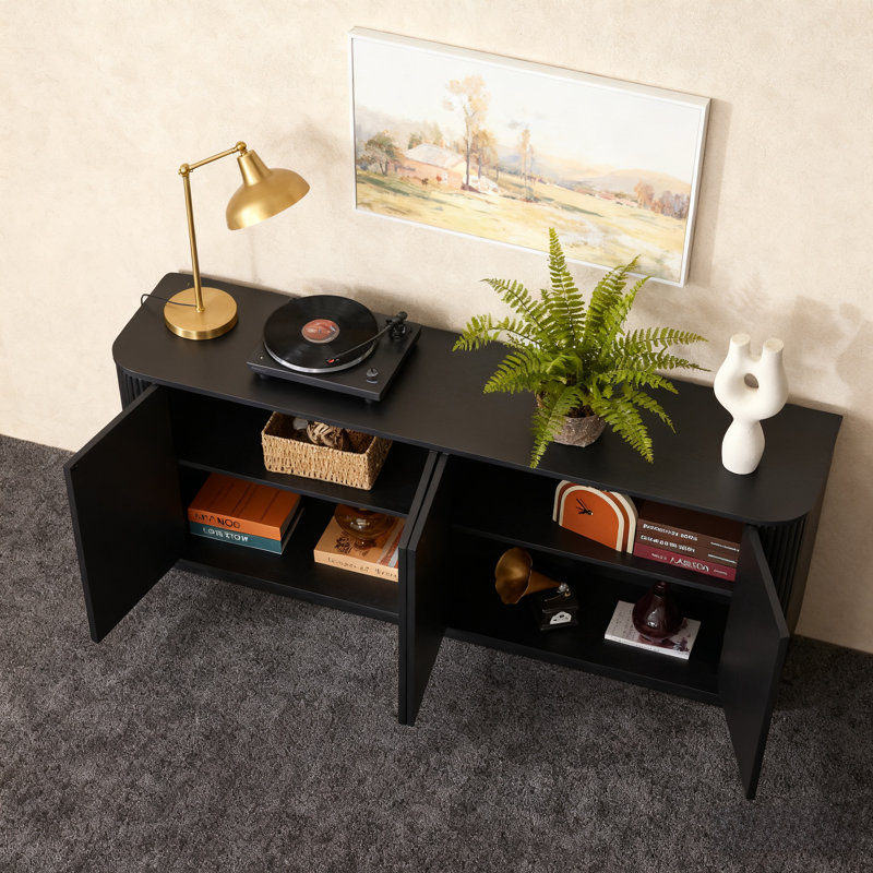 Storage Cabinet TV Stand With Wave Pattern Buffet Cabinet Wooden Vertical Striped Sideboard For Kitchen/Bedroom/Entryway