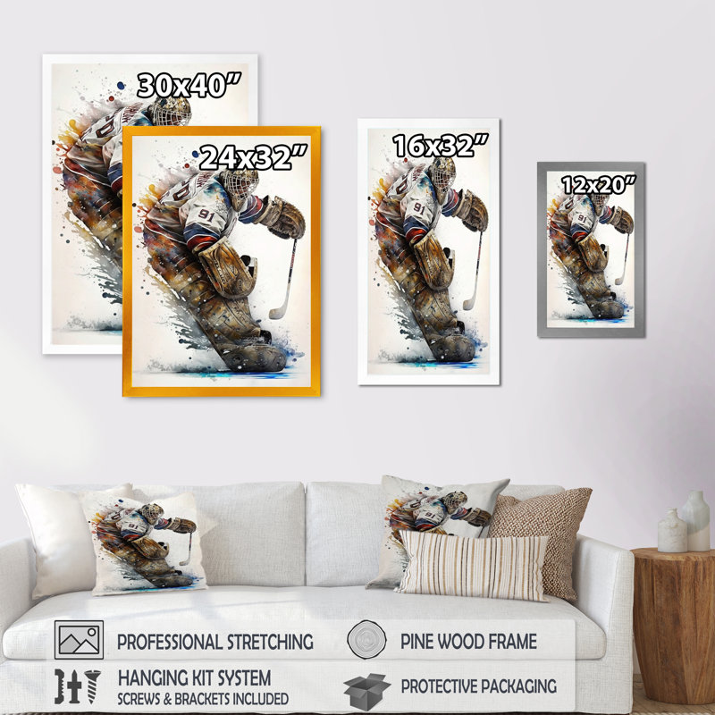 Gardien de but pendant le jeu IV - Impression sur toile, H 32 po x l 24 po x P 1 po, Encadrement doré