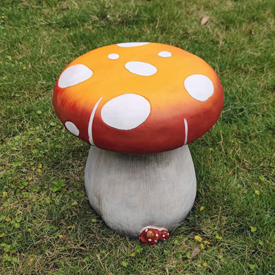 13.4" Oversized Mushroom Statue Stool, Resin Garden Stool with Forest Base, Multi-Purpose Decorative Stool for Courtyard, Lawn, Indoor & Outdoor Summer Decoration