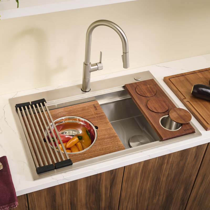 Ruvati Workstation Two-Tiered Ledge Kitchen Sink Drop-in Topmount 16 Gauge Stainless Steel, 10" H x 22" W x 33" L
