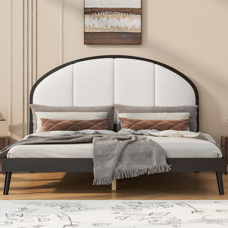 Base de lit tapissier grand format avec tête de lit en lin, bois massif, système de lattes en bois sans sommier, Queen