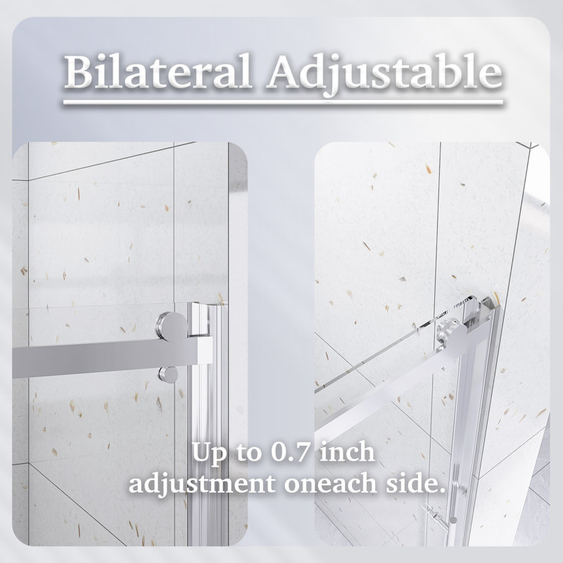 30 In. -60 In. W × 72 In. H Frameless Shower Door Single Sliding With 1/4 Thickclear Tempered Glass  In Chrome   |  Zinc Roller Rail System|   Stainless Steel Handle