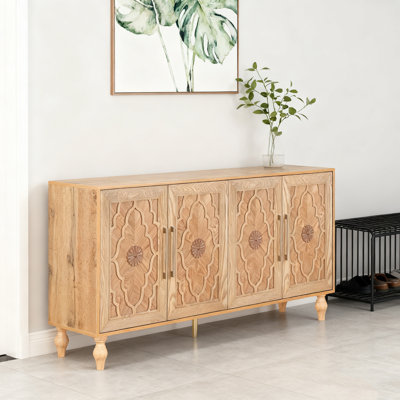 Grande armoire de rangement sculptée à porte fleurie avec poignée en métal convenant au salon, à la cuisine et au vestibule (BOIS NATUREL)