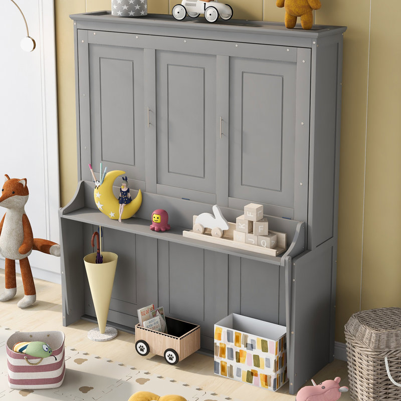 Queen Murphy Bed with Shelf & Desk, Space Saving Wall Bed Frame, Solid Wood Construction, Folding Bed for Home, Grey