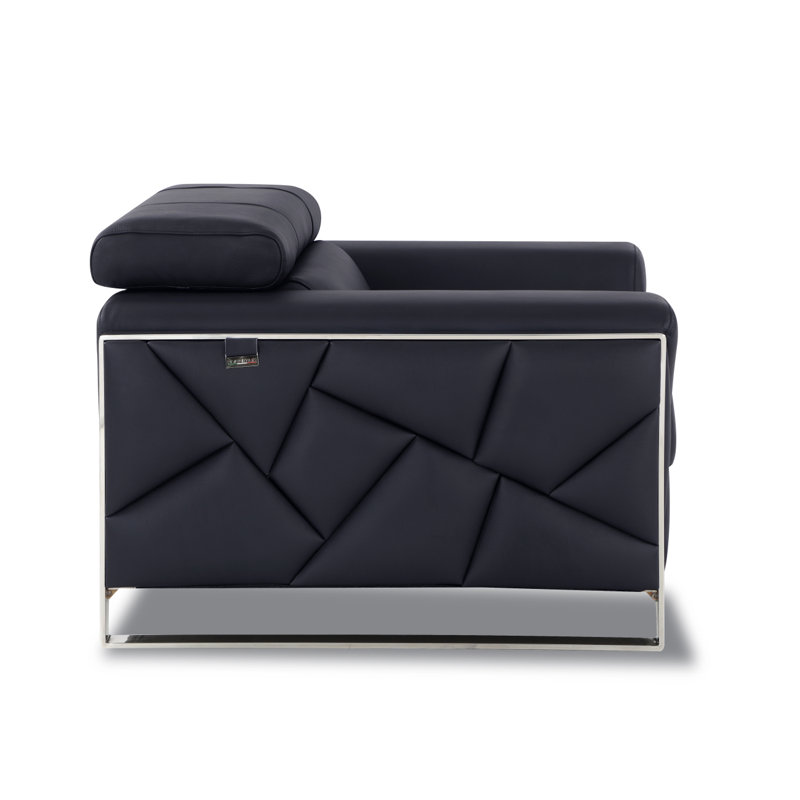 Fauteuil de coin en cuir Tyrena, Argent argent, Cuir noir Tyrena