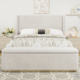 Queen Size Corduroy Upholstered Bed Frame With 130L Storage Ottoman, And Vertical Stripe Wingback Headboard And High Footboard