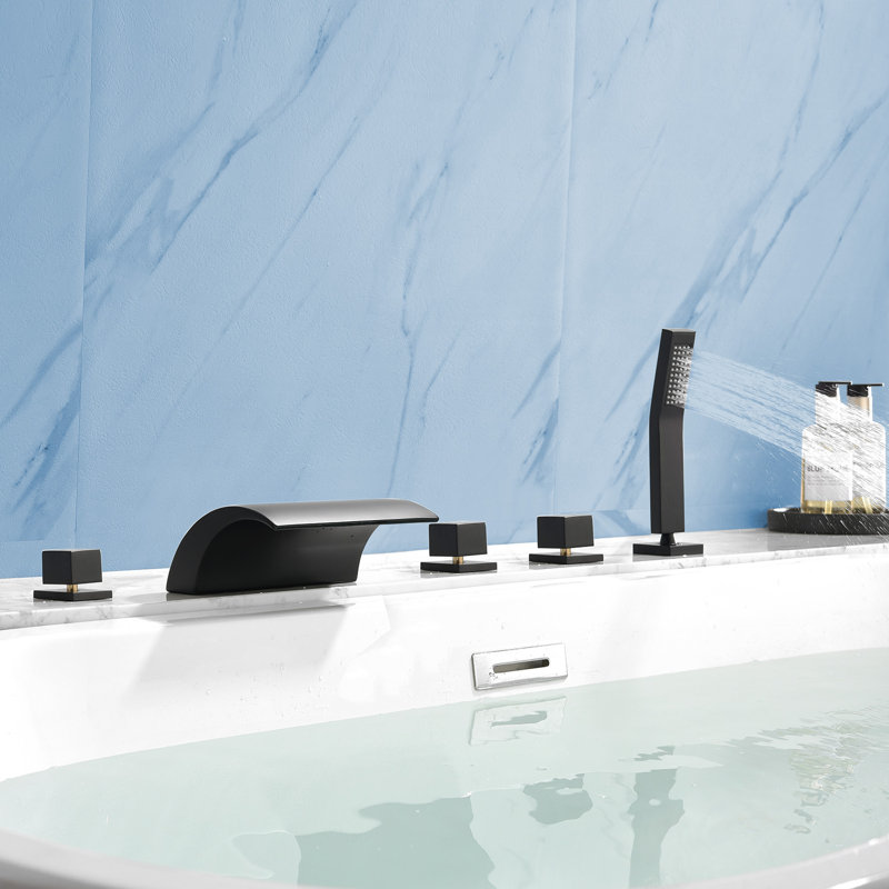 Deck Mount Roman Tub Faucet Set Waterfall High Flow Bathtub Faucets, Black