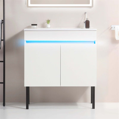 Meuble-lavabo de salle de bain de 30 po avec lavabo, lumière radar, pieds de rangement en métal et lavabo mural Nausad