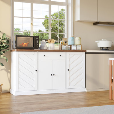 Kitchen Sideboard with Outlets, 55" Coffee Bar Station with Hidden Door Shelves & Drawer, Wood Top Buffet Cabinet for Dining Room