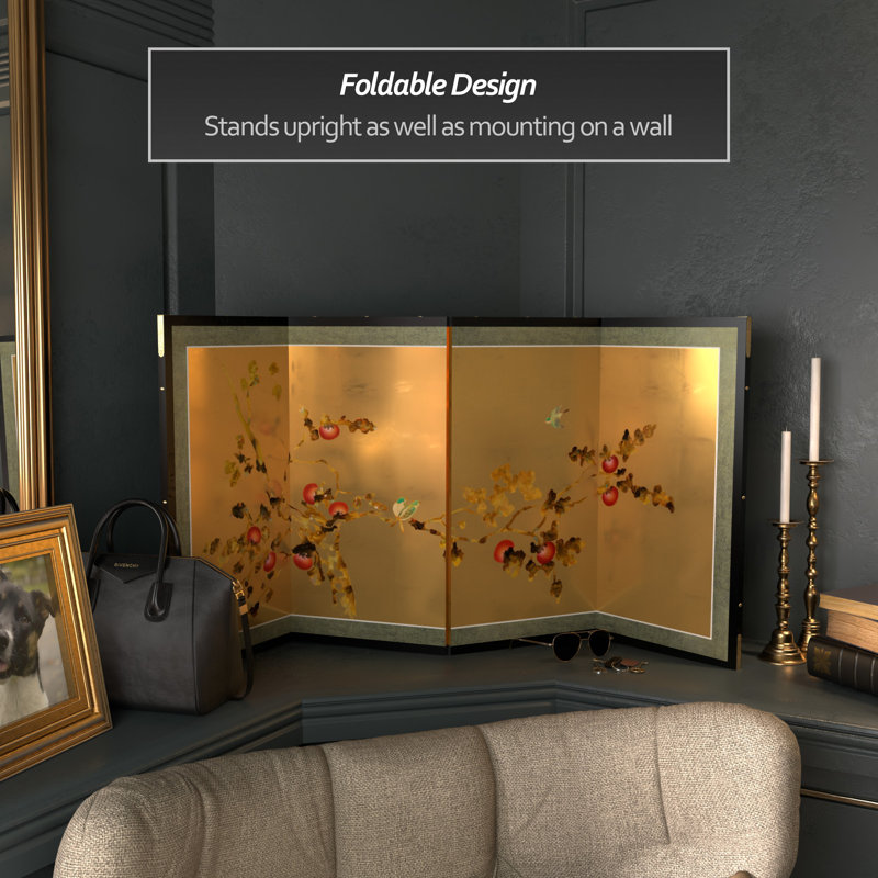 36" x 72" Gold Leaf Blossom 4 Panel Room Divider, 24" H x 48" W