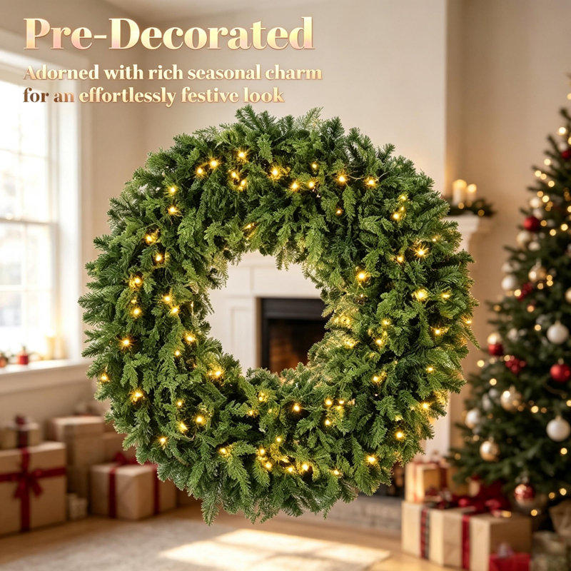 Couronne de Noël artificielle en épinette pré-illuminée de 91 cm (36 pouces) avec pointes de cèdre réalistes, lumières DEL blanc chaud à 8 modes et nœud décoratif