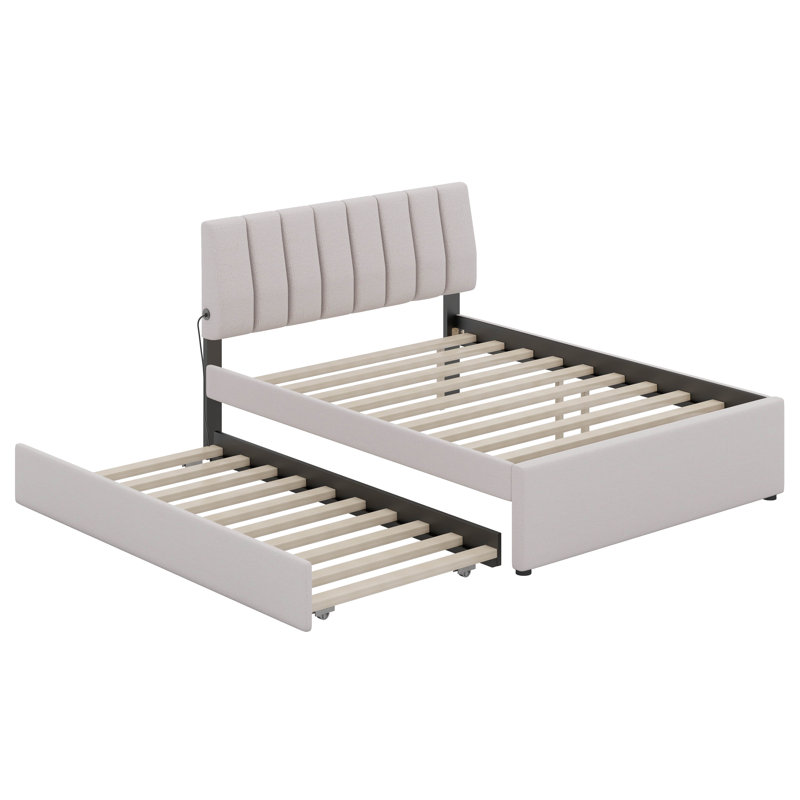 Teddy Fleece Full Size Upholstered Platform Bed with Trundle, Beige