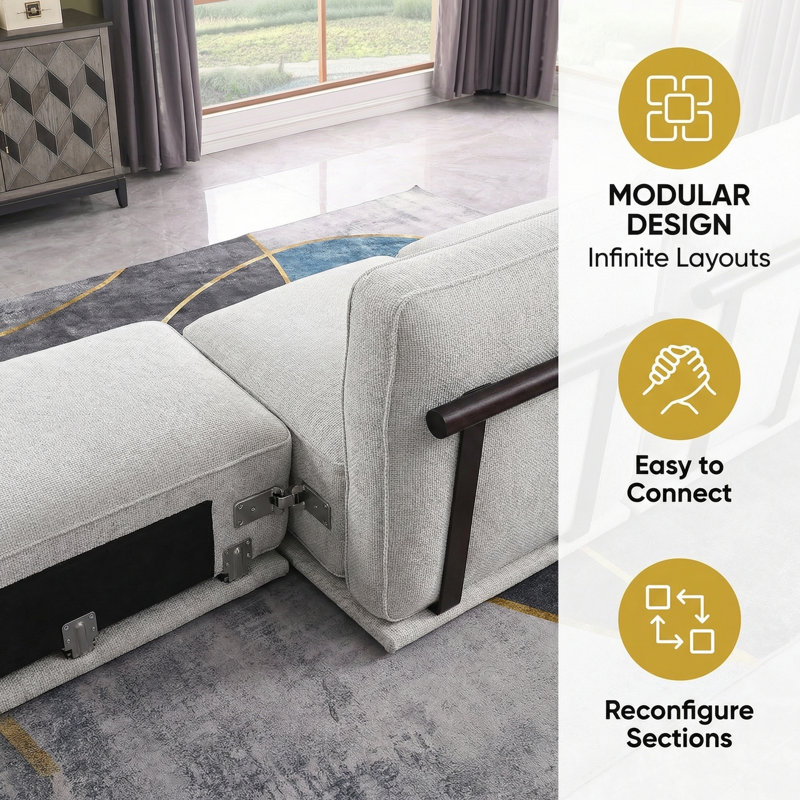 Canapé modulaire en chenille de 120 pouces (4 places) avec structure en bois de fer et coussins rembourrés, idéal pour les salons modernes gris clair