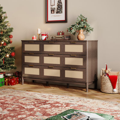 58 " Rattan 9-Drawer Dresser With Solid Wood Legs