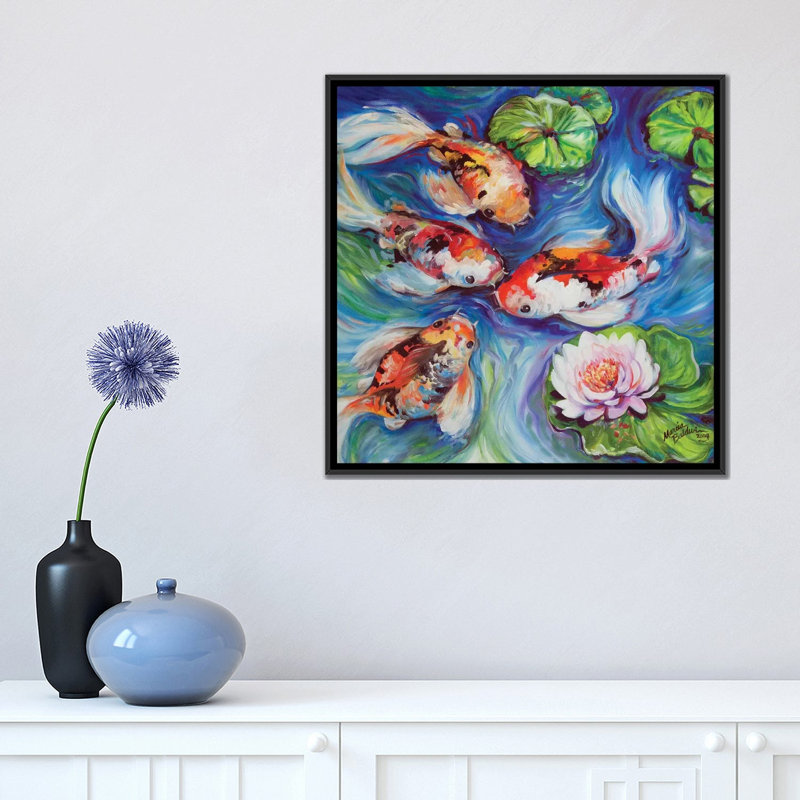 «Happiness Koi Dance», reproduction sur toile, H 18 po x l 18 po x P 1,5 po, Toile avec cadre noir, Pas de tapis