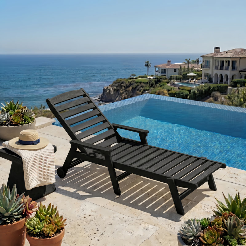 Black Rust Resistant HDPE Plastic Outdoor Patio Reclining Chaise Lounge Chair with Adjustable Back, Black