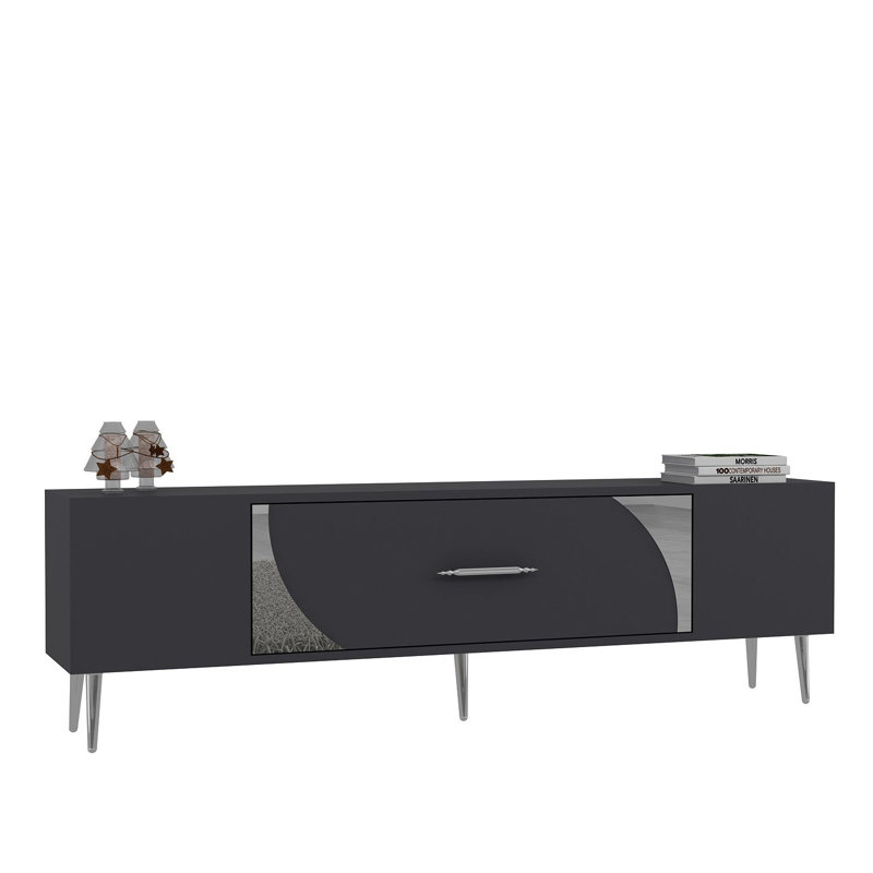Meuble télé Catena avec option de fixation murale, anthracite et argent, 59,1 po x 19,0 po x 11,6 po | Panneau de particules 100% enduit de mélamine, pieds robustes d'une hauteur de 5,9 pouces | Conception élégante pour le salon et les espaces de divertissement
