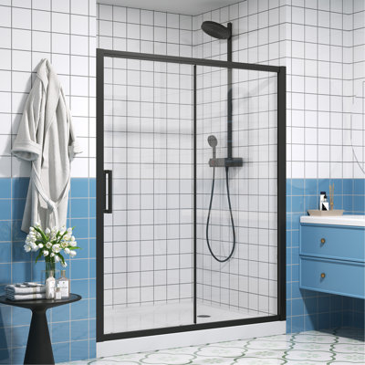 Single Sliding Shower Door 56-60" W X 72" H Semi-Frameless Shower Glass Panel, 1/4" (6Mm) Clear Tempered Glass, Transparent Safety Film For Glass,Aluminium Alloy,Reversible Installation
