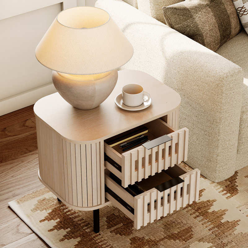 Table de bout cannelée avec 2 tiroirs, table d'appoint moderne pour le salon, la chambre à coucher, 22,5 po, Naturel