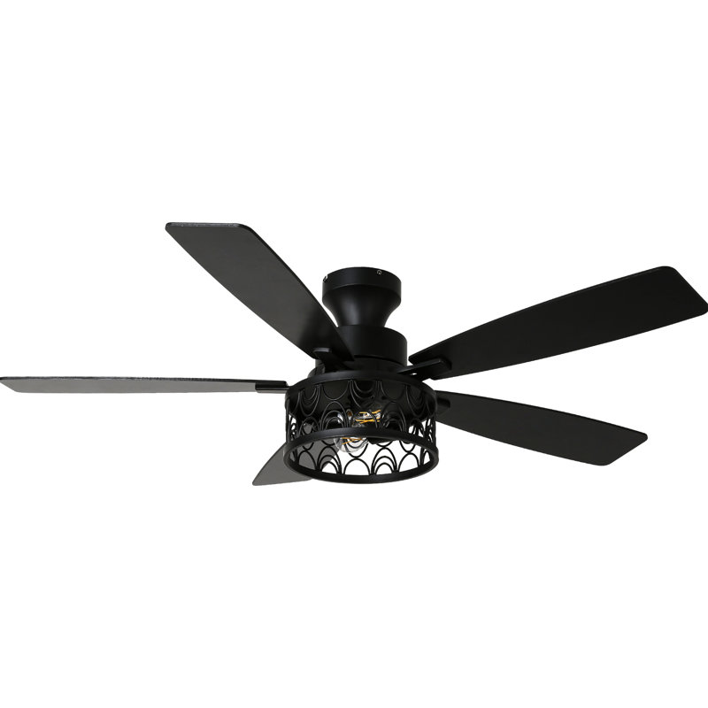52" Black Farmhouse Industrial Flush Mount Ceiling Fan, 6-Speed DC Motor Low Profile Caged Ceiling Fan with Light and Remote