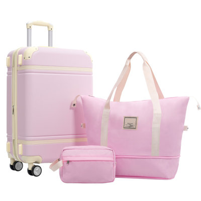 3-Piece Light Pink Vintage Hardshell Luggage Set, 24-Inch Expandable Spinner Suitcase with TSA Lock, Travel Duffel & Toiletry Bag with Trolley Sleeve