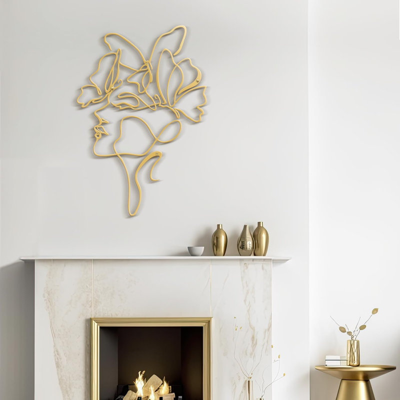Abstract Line Women Face Modern Abstract Wall Accent Sculpture Hanging Decoration Metal Wall Decor, Gold