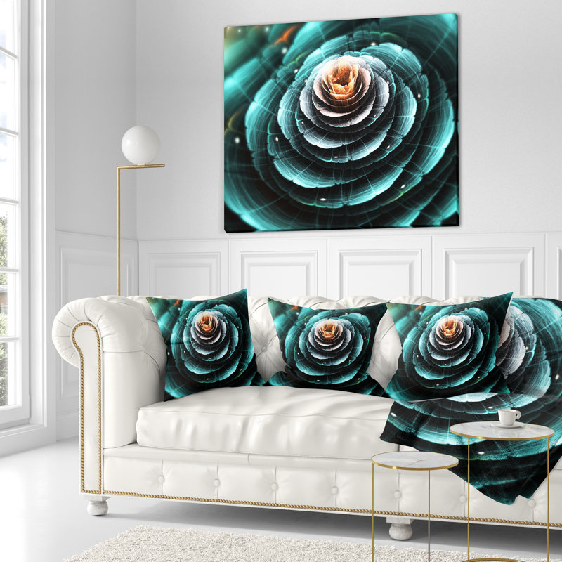 Fractal Flower Clear Turquoise Art - coussin imprimé floral, Carré, 18 po x 18 po