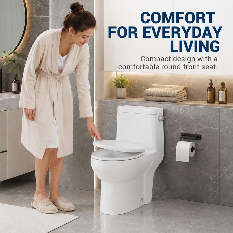 Toilette compacte une pièce moderne - cuvette ronde, chasse latérale, fermeture en douceur