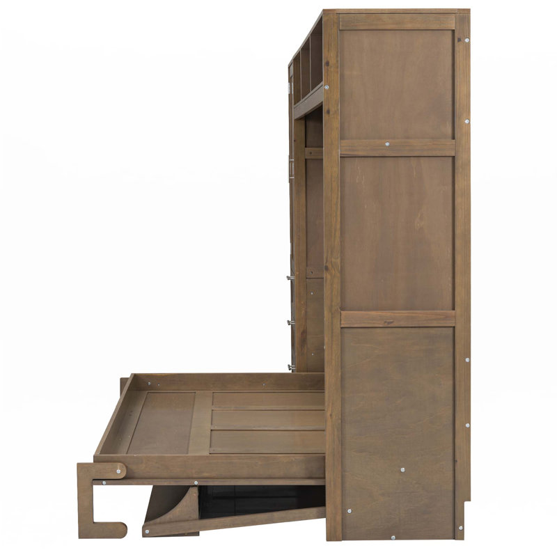 Lit escamotable double avec garde-robe, tiroirs et tablettes ouvertes