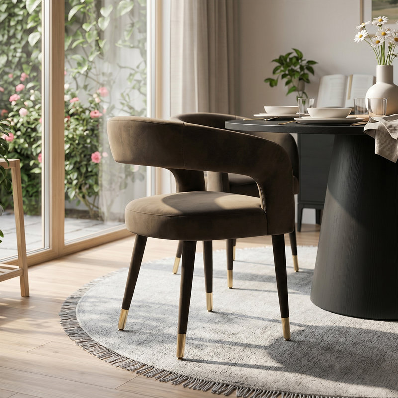 Modern 47"-83" Extendable Dining Table Set With Upholstered Velvet Dining Arm Chairs, Brown, 9 Pieces: Table, 8 Chairs