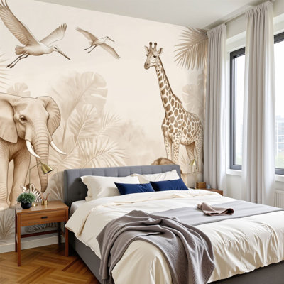 Papier peint auto-adhésif sépia safari, éléphants, zèbre, lion, girafe, feuillage tropical, peintures murales, papier peint amovible en PVC, H 100 po x l 144 po, pour salon, chambre, bureau à domicile