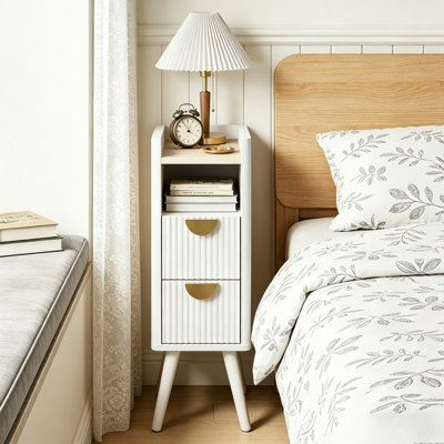 Space-Saving Fluted Narrow Nightstand, 2 Drawers & Open Shelf