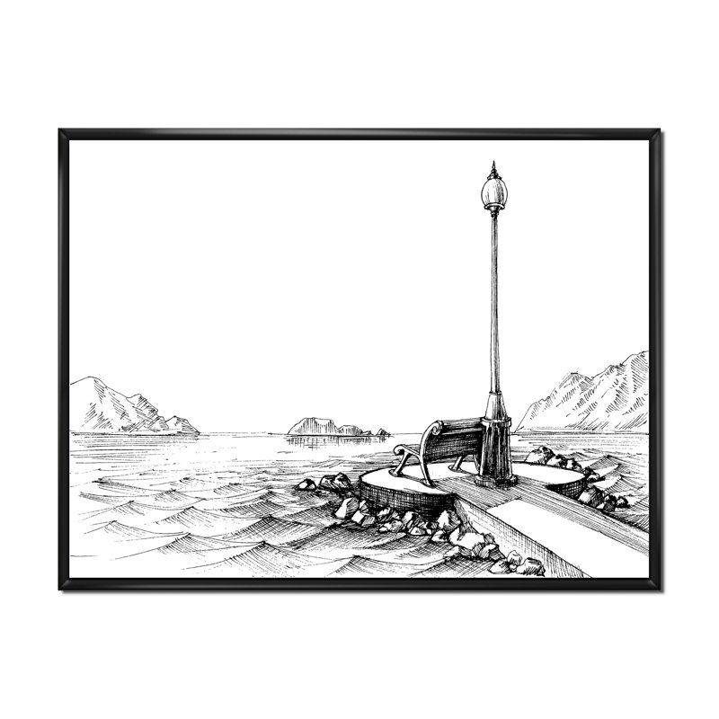 A Bench by the Sea en noir et blanc par Ansel Adams - peinture sur toile, H 12 po x l 20 po, Toile à cadre flottant noir
