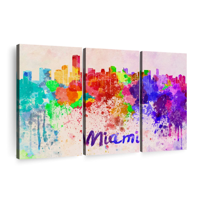 «Miami Skyline Colors» par Naomi Heart - 3 impressions sur toile tendue, H 32 po x l 50 po x P 1,25 po