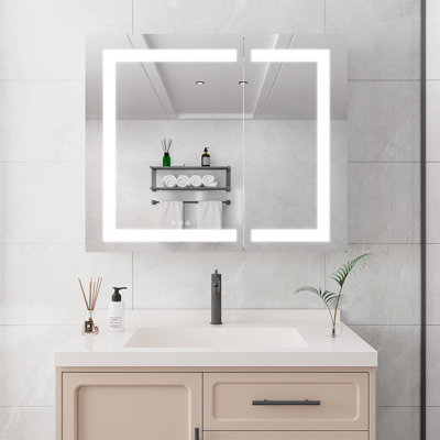 Armoire à pharmacie de 36 po x 30 po à DEL avec anti-buée, lumière réglable et grand rangement pour les salles de bain modernes