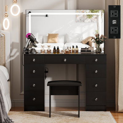 Greyden Vanity Set With LED Mirror & Power Outlets, 9 Drawers with Diamond Handles